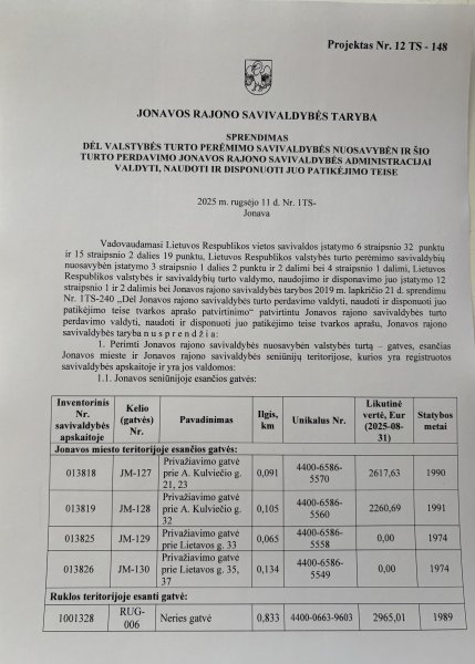 Informacija apie savivaldybės nuosavybėn perimamas gatves